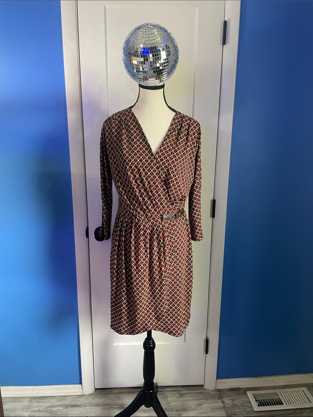 Michael Kors Burgundy Geometric Faux-Wrap Midi Dress